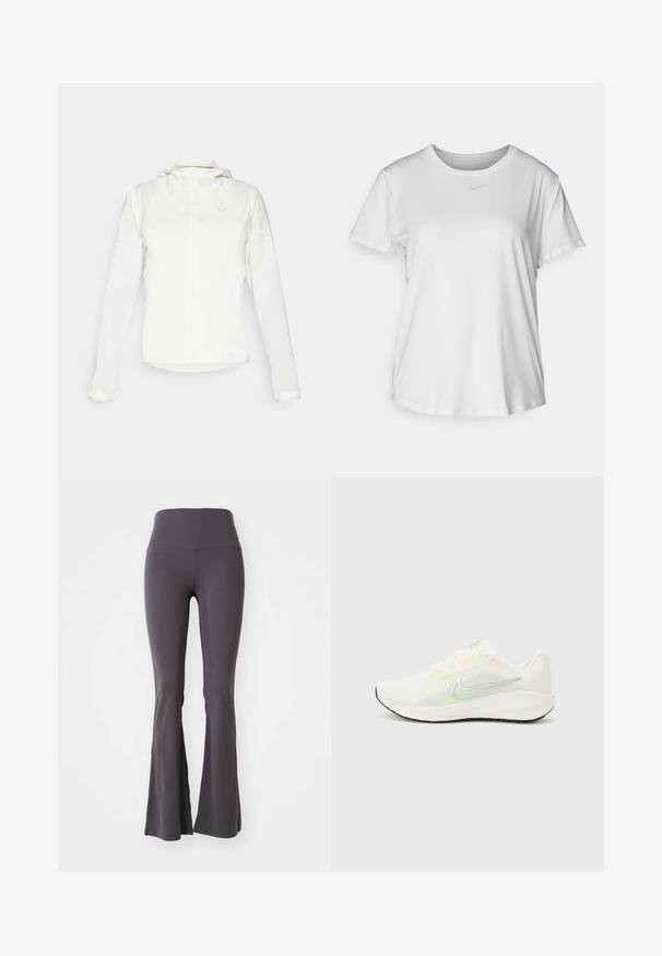 Hvid Nike-jakke med hætte, fuld lynlås, elastiske manchetter og et diskret logo på brystet. Glat tekstur og let design.; Hvid kortærmet T-shirt lavet af glat materiale, med en rund halsudskæring og et lille gråt Nike-logo på brystet.; Grå bredde yoga bukser lavet af strækbart stof. Høj talje og glat tekstur, med en tætsiddende pasform ned til bunden.; Nike Performance DOWNSHIFTER 13 - Løbesko til landevejen - sail/silver-coloured photon dust/summit white/barely volt/black