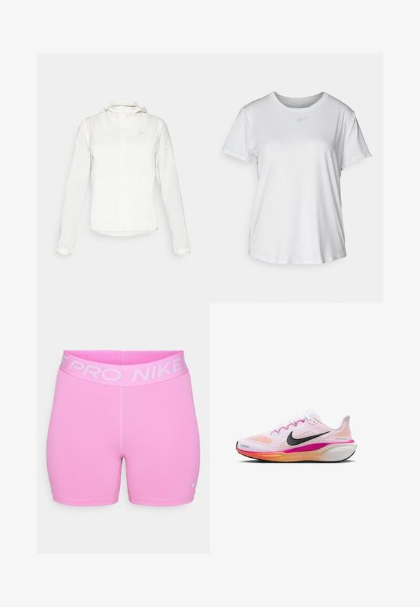 Chaqueta blanca de Nike con capucha, cremallera completa, puños elásticos y un logo sutil en el pecho. Textura suave y diseño ligero.; Camiseta blanca de manga corta hecha de tejido suave, con un escote redondo y un pequeño logo de Nike gris en el pecho.; Pantalones cortos Nike Pro en rosa brillante, hechos de un material sintético suave. Presentan una cinturilla ancha con el logo y un diseño ajustado, con costuras en contraste.; Zapatilla de running blanca con parte superior de malla, acentos en rosa y naranja, logo del swoosh negro, suela de goma y media suela acolchada para mayor confort.
