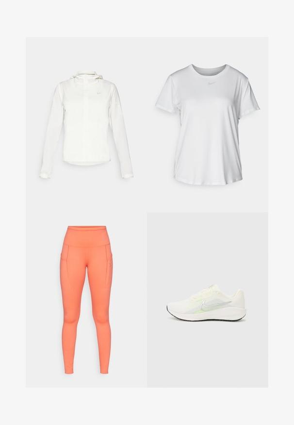 Vit Nike-jacka med huva, hel dragkedja, elastiska ärmslutar och en diskret logotyp på bröstet. Slät textur och lätt design.; Vit T-shirt med kort ärm tillverkad av slätt material, med rund halsringning och en liten grå Nike-logotyp på bröstet.; Högmidjade, figursydda leggings i ljus korall, med sidofickor och kontrasterande sömmar för extra detalj. Tillverkade av stretchigt tyg.; Nike Performance DOWNSHIFTER 13 - Väglöparskor - sail/silver-coloured photon dust/summit white/barely volt/black