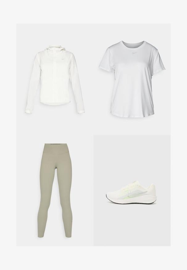 Giacca Nike bianca con cappuccio, zip completa, polsini elasticizzati e un logo discreto sul petto. Texture liscia e design leggero.; T-shirt bianco a maniche corte realizzato in tessuto liscio, con scollatura tonda e un piccolo logo grigio Nike sul petto.; Leggings a vita alta, aderenti, in un morbido tessuto verde oliva tenue con una texture liscia e senza motivi visibili o dettagli in metallo.; Nike Performance DOWNSHIFTER 13 - Scarpe da corsa su strada - sail/silver-coloured photon dust/summit white/barely volt/black