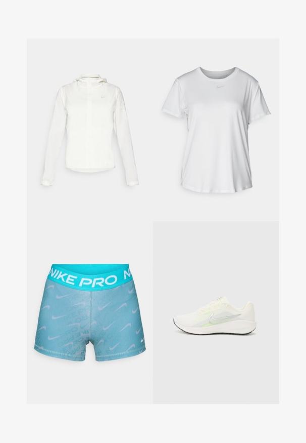 Hvid Nike-jakke med hætte, fuld lynlås, elastiske manchetter og et diskret logo på brystet. Glat tekstur og let design.; Hvid kortærmet T-shirt lavet af glat materiale, med en rund halsudskæring og et lille gråt Nike-logo på brystet.; Turkise Nike Pro shorts med en ribbet talje. Har et hvidt Nike-logo og diskrete mønstrede detaljer i stoffet.; Nike Performance DOWNSHIFTER 13 - Løbesko til landevejen - sail/silver-coloured photon dust/summit white/barely volt/black