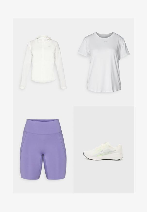 Balta Nike jaka ar kapuci, pilna rāvējslēdzēja, elastīgām piedurknēm un diskrētu logotipu uz krūšu daļas. Gluda tekstūra un viegla konstrukcija.; Balta īsām piedurknēm T-kreklā, kas izgatavota no gludas auduma, ar apaļo kakla izgriezumu un mazu pelēku Nike logo uz krūšu.; Violet sporta šorti ar augstu jostasvietu, pieguļošu dizainu, gludu tekstūru un smalkām šuvju detaļām sānos.; Nike Performance DOWNSHIFTER 13 - Apavi skriešanai pa asfaltu - sail/silver-coloured photon dust/summit white/barely volt/black
