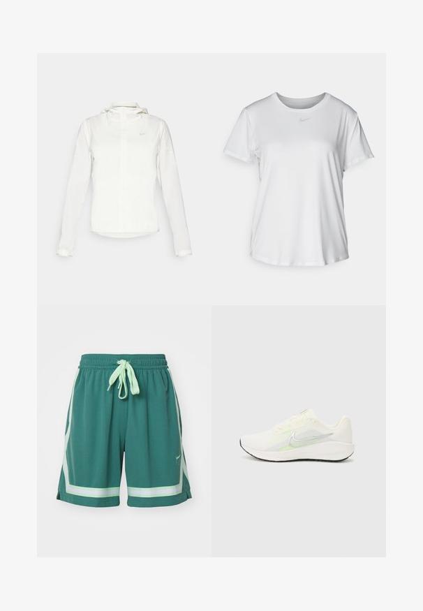 White Nike jacket with a hood, full zip, elastic cuffs, and a subtle logo on the chest. Smooth texture and lightweight design.; White short-sleeve T-shirt made of smooth fabric, featuring a round neckline and a small grey Nike logo on the chest.; Nike Performance FLY CROSSOVER SHORT - Sports shorts - bicoastal/vapor green; Nike Performance DOWNSHIFTER 13 - Road running shoes - sail/silver-coloured photon dust/summit white/barely volt/black