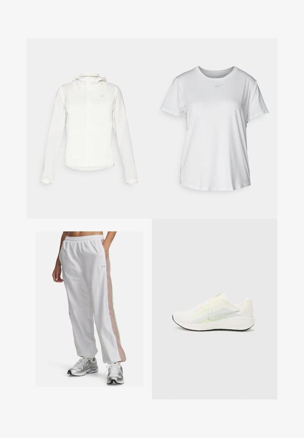 Witte Nike-jack met een capuchon, volledige rits, elastische manchetten en een subtiele logo op de borst. Gladde textuur en lichtgewicht ontwerp.; Witte T-shirt met korte mouwen van gladde stof, met een ronde halslijn en een klein grijs Nike-logo op de borst.; Witte sportbroek met een elastische tailleband, voorzien van pastelroze en beige zijstrepen. Gemaakt van lichtgewicht, soepel materiaal.; Nike Performance DOWNSHIFTER 13 - Hardloopschoenen voor op de weg - sail/silver-coloured photon dust/summit white/barely volt/black