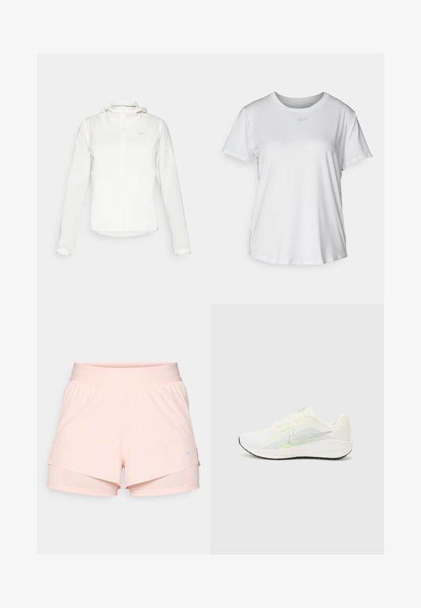 Giacca Nike bianca con cappuccio, zip completa, polsini elasticizzati e un logo discreto sul petto. Texture liscia e design leggero.; T-shirt bianco a maniche corte realizzato in tessuto liscio, con scollatura tonda e un piccolo logo grigio Nike sul petto.; Shorts sportivi rosa chiaro con vita elasticizzata, design a strati e pantaloni compressivi integrati sottostanti. Presentano un piccolo logo Nike.; Nike Performance DOWNSHIFTER 13 - Scarpe da corsa su strada - sail/silver-coloured photon dust/summit white/barely volt/black