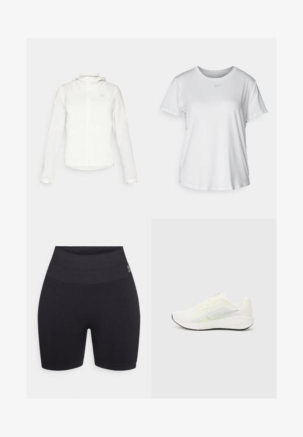 Hvit Nike-jakke med hette, hel glidelås, elastiske mansjetter og en diskret logo på brystet. Glatt tekstur og lett design.; Hvit kortermet T-skjorte laget av glatt stoff, med rund halsringning og en liten grå Nike-logo på brystet.; Svart høy-hĝoidede sykkelshorts laget av elastisk stoff. Har en glatt livlinje og tettsittende benåpninger med en logodetalj på siden.; Nike Performance DOWNSHIFTER 13 - Løpesko for vei - sail/silver-coloured photon dust/summit white/barely volt/black