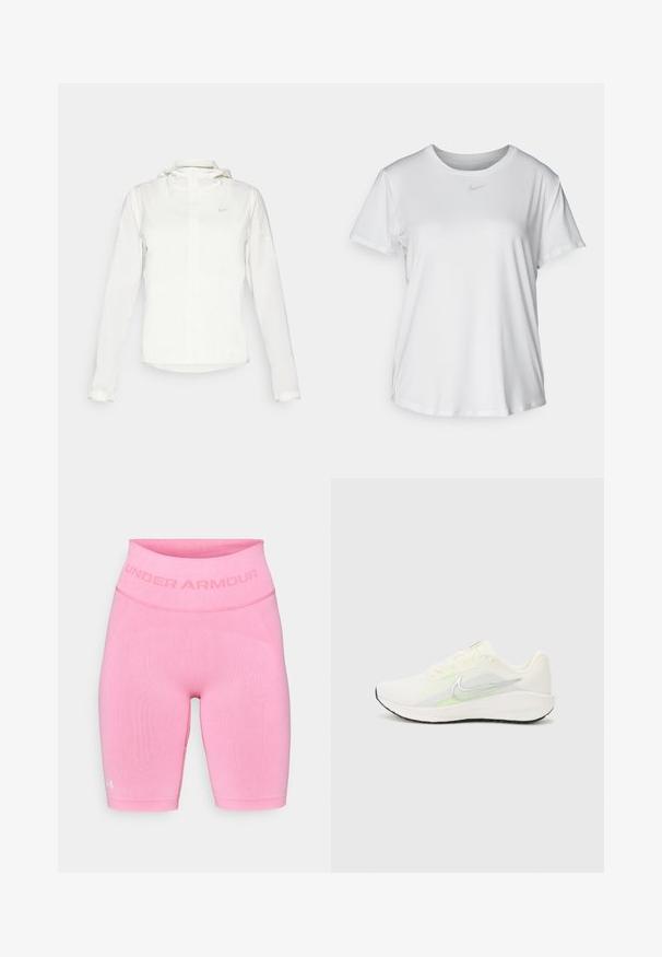 Hvit Nike-jakke med hette, hel glidelås, elastiske mansjetter og en diskret logo på brystet. Glatt tekstur og lett design.; Hvit kortermet T-skjorte laget av glatt stoff, med rund halsringning og en liten grå Nike-logo på brystet.; Rosa Under Armour treningshorts med høy midje, laget av elastisk materiale, med ribbet tekstur og logo-detall på kanten.; Nike Performance DOWNSHIFTER 13 - Løpesko for vei - sail/silver-coloured photon dust/summit white/barely volt/black