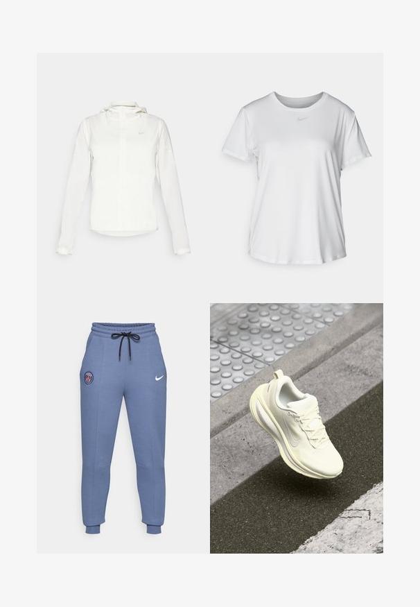 Veste blanche Nike avec capuche, fermeture éclair intégrale, poignets élastiques et un logo discret sur la poitrine. Texture lisse et design léger.; T-shirt blanc à manches courtes en tissu lisse, avec un col rond et un petit logo Nike gris sur la poitrine.; Jogging en mélange de coton bleu avec taille élastique, cordon noir, poches latérales, poignets côtelés, arborant un logo Paris et le swoosh de Nike.; Chaussure de course blanche avec un dessus texturé, des panneaux en maille, des lacets et une semelle rembourrée. Elle présente un accent réfléchissant et une légère courbure.