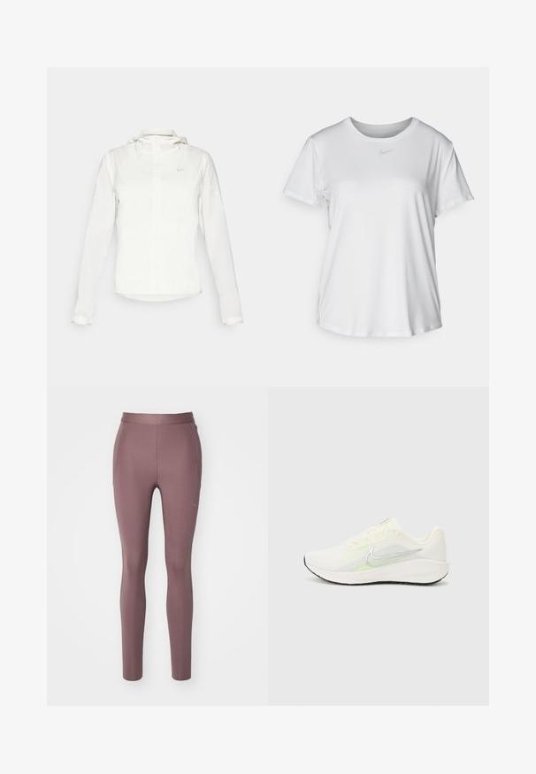 Giacca Nike bianca con cappuccio, zip completa, polsini elasticizzati e un logo discreto sul petto. Texture liscia e design leggero.; T-shirt bianco a maniche corte realizzato in tessuto liscio, con scollatura tonda e un piccolo logo grigio Nike sul petto.; HOKA NOVAFLY RUN - Leggings da corsa lunghi - smokey quartz; Nike Performance DOWNSHIFTER 13 - Scarpe da corsa su strada - sail/silver-coloured photon dust/summit white/barely volt/black