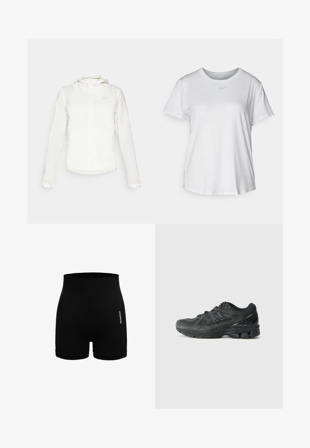 Valge Nike jakker, millel on kapuuts, täispikk tõmblukk, elastsed mansetid ja diskreetne logo rinnal. Sile tekstuur ja kerge disain.; Valge lühikeste varrukatega T-särk, mis on valmistatud siledast kangast, ümarate kaelustega ning mille rinnal on väike hall Nike logo.; Mustad must sportlikud lühikesed püksid, mis on valmistatud siledast kangast, laia soonikkummiga vöökohaga, külgseamnete ja väikese valge logoga ees.; Mustad mustijad jooksujalatsid, millel on võrkkangas peal, pehmendatud krae, sünteetilised detailid ja tekstureeritud tallaosas nähtavaid pehmenduselemente.