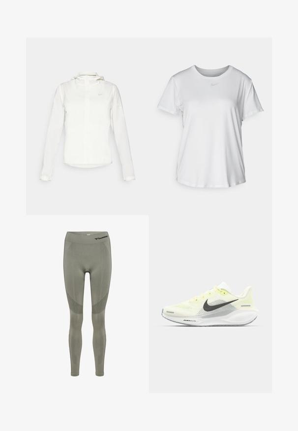 Witte Nike-jack met een capuchon, volledige rits, elastische manchetten en een subtiele logo op de borst. Gladde textuur en lichtgewicht ontwerp.; Witte T-shirt met korte mouwen van gladde stof, met een ronde halslijn en een klein grijs Nike-logo op de borst.; Hummel SHAPING SEAMLESS - Tights - seagrass; Nike hardloopschoenen met een lichtgele en witte mesh bovenkant, grijze accenten en een flexibele rubberen zool. Voorzien van een vetersluiting.
