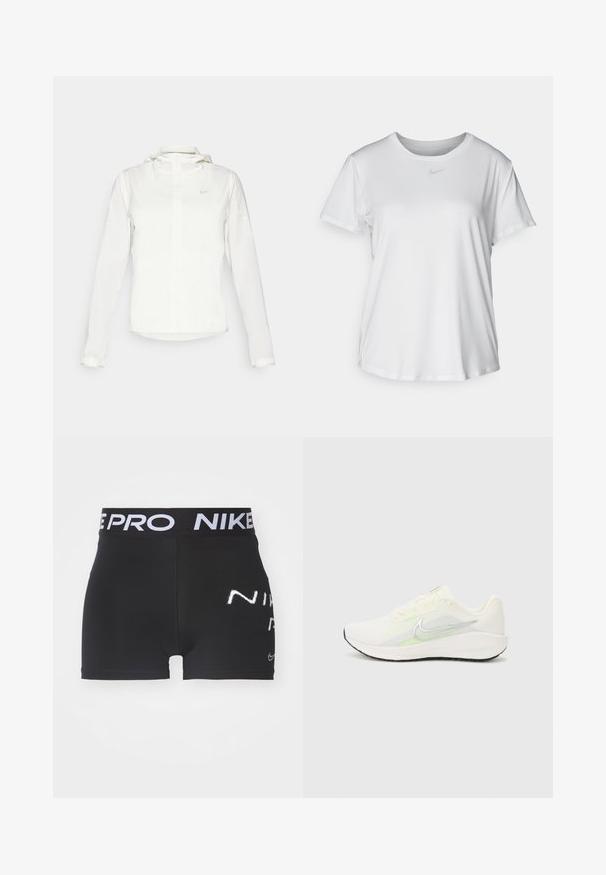 Giacca Nike bianca con cappuccio, zip completa, polsini elasticizzati e un logo discreto sul petto. Texture liscia e design leggero.; T-shirt bianco a maniche corte realizzato in tessuto liscio, con scollatura tonda e un piccolo logo grigio Nike sul petto.; Shorts sportivi neri con un design aderente, vita elastica con etichetta "NIKE PRO" e branding bianco sul lato. Texture liscia, lunghezza corta.; Nike Performance DOWNSHIFTER 13 - Scarpe da corsa su strada - sail/silver-coloured photon dust/summit white/barely volt/black