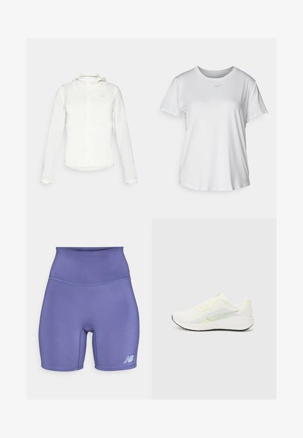 Bijela Nike jakna s kapuljačom, punim zatvaračem, elastičnim manžetama i suptilnim logotipom na prsima. Glatka textura i lagan dizajn.; Bijela majica kratkih rukava od glatkog materijala, s okruglim izrezom i malim sivim Nike logom na prsima.; Visoke ljubičaste kratke hlače od rastezljivog materijala, sa prianjajućim dizajnom, glatkom teksturom i malim bijelim logotipom na donjem dijelu noge.; Nike Performance DOWNSHIFTER 13 - Tenisice za cestovno trčanje - sail/silver-coloured photon dust/summit white/barely volt/black