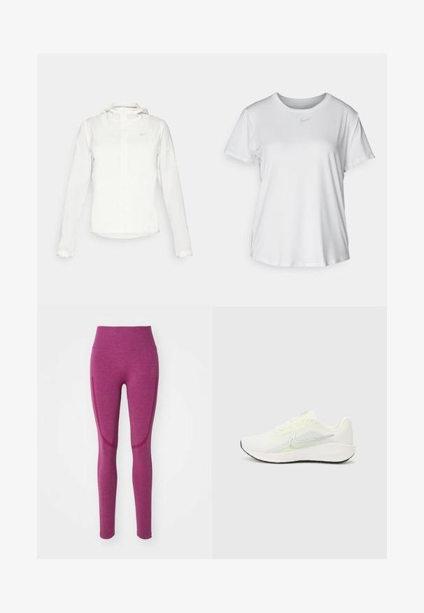 Giacca Nike bianca con cappuccio, zip completa, polsini elasticizzati e un logo discreto sul petto. Texture liscia e design leggero.; T-shirt bianco a maniche corte realizzato in tessuto liscio, con scollatura tonda e un piccolo logo grigio Nike sul petto.; Leggings a vita alta in un profondo colore viola, realizzati in un tessuto testurizzato. Presentano una vita alta e pannelli laterali senza cuciture con accenti in contrasto.; Nike Performance DOWNSHIFTER 13 - Scarpe da corsa su strada - sail/silver-coloured photon dust/summit white/barely volt/black