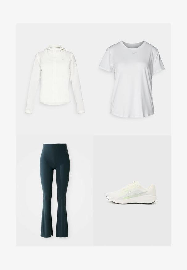 Hvit Nike-jakke med hette, hel glidelås, elastiske mansjetter og en diskret logo på brystet. Glatt tekstur og lett design.; Hvit kortermet T-skjorte laget av glatt stoff, med rund halsringning og en liten grå Nike-logo på brystet.; Mørk tealfargede leggings med vid utforming og høy midje, laget av elastisk stoff. Har subtilt logodesign nær livet. Jevn tekstur.; Nike Performance DOWNSHIFTER 13 - Løpesko for vei - sail/silver-coloured photon dust/summit white/barely volt/black