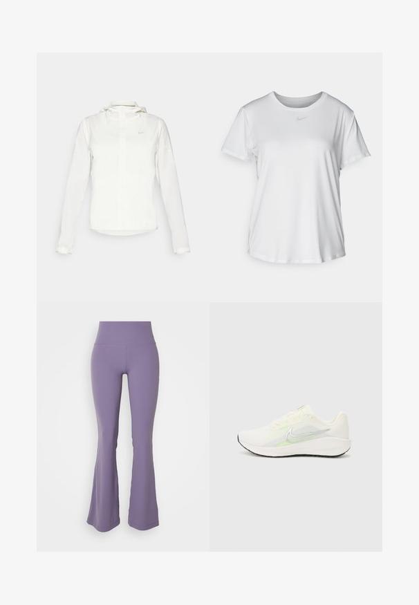 Veste blanche Nike avec capuche, fermeture éclair intégrale, poignets élastiques et un logo discret sur la poitrine. Texture lisse et design léger.; T-shirt blanc à manches courtes en tissu lisse, avec un col rond et un petit logo Nike gris sur la poitrine.; Legging violets évasés en tissu extensible avec une taille haute ; texture lisse et design simple sans motifs ni accents.; Nike Performance DOWNSHIFTER 13 - Chaussures de running sur route - sail/silver-coloured photon dust/summit white/barely volt/black