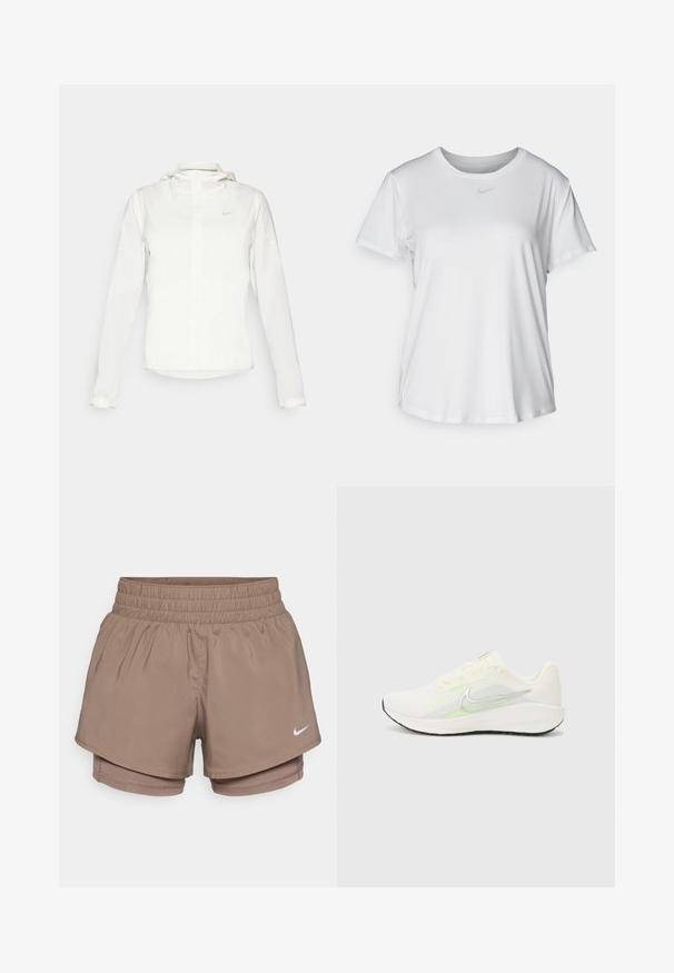 Valge Nike jakker, millel on kapuuts, täispikk tõmblukk, elastsed mansetid ja diskreetne logo rinnal. Sile tekstuur ja kerge disain.; Valge lühikeste varrukatega T-särk, mis on valmistatud siledast kangast, ümarate kaelustega ning mille rinnal on väike hall Nike logo.; Nike spordilühikesed püksid on valmistatud kergest ja venivast pruunist kangast, millel on elastne vöökoht ja sisemised lühikesed püksid. Esiküljel on väike valge logo.; Nike Performance DOWNSHIFTER 13 - Maanteejooksu jalatsid - sail/silver-coloured photon dust/summit white/barely volt/black