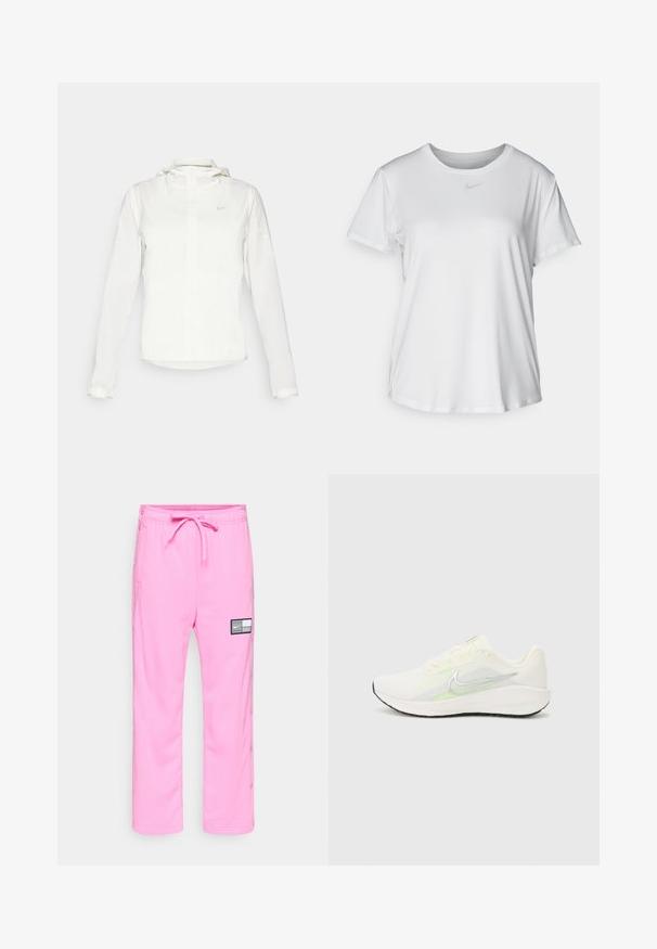 Biela Nike bunda s kapucňou, plným zipsom, elastickými manžetami a jemným logom na hrudi. Hladká textúra a ľahký dizajn.; Biela krátkosrstá tričko s hladkým materiálom, so zaobleným výstrihom a malým šedým logom Nike na hrudi.; Ružové Nike teplákové nohavice s elastickým pásom, šnúrkou na stiahnutie, bočnými vreckami, cvokmi pozdĺž nohavíc a čiernobielym logom na stehne.; Nike Performance DOWNSHIFTER 13 - Cestná bežecká obuv - sail/silver-coloured photon dust/summit white/barely volt/black