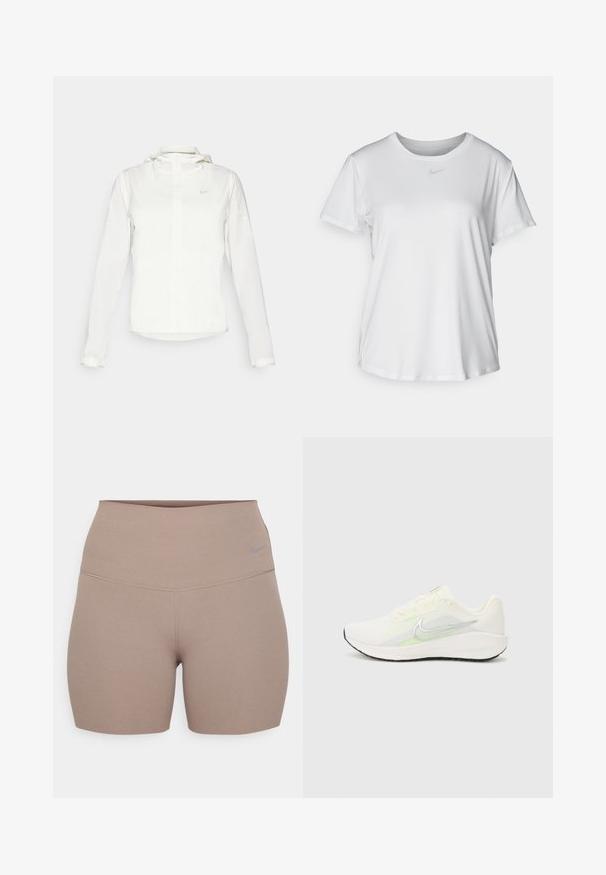 Witte Nike-jack met een capuchon, volledige rits, elastische manchetten en een subtiele logo op de borst. Gladde textuur en lichtgewicht ontwerp.; Witte T-shirt met korte mouwen van gladde stof, met een ronde halslijn en een klein grijs Nike-logo op de borst.; Nike high-waisted shorts in lichtbruin, gemaakt van een gladde, rekbare stof; beschikt over een subtiel logo en nette stiksels.; Nike Performance DOWNSHIFTER 13 - Hardloopschoenen voor op de weg - sail/silver-coloured photon dust/summit white/barely volt/black