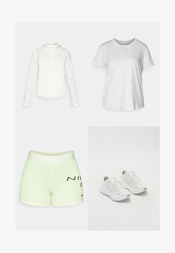 Biela Nike bunda s kapucňou, plným zipsom, elastickými manžetami a jemným logom na hrudi. Hladká textúra a ľahký dizajn.; Biela krátkosrstá tričko s hladkým materiálom, so zaobleným výstrihom a malým šedým logom Nike na hrudi.; Svetlozelené športové šortky z elastického materiálu, s širokým pásom, na ktorom je text "NIKE PRO" a čierny logový akcent.; Biele športové topánky s textúrovaným sieťovým zvrškom, polstrovanou podrážkou a jemnými šedými akcentmi. Obsahujú branding a slučkovú pätku pre jednoduché obúvanie.