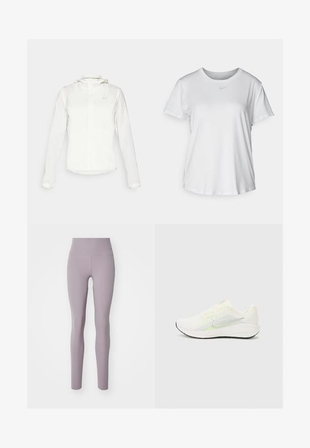 Fehér Nike dzseki kapucnival, teljes cipzárral, rugalmas mandzsettákkal és egy diszkrét logóval a mellkason. Sima textúrájú és könnyű kialakítású.; Fehér, rövid ujjú póló sima anyagból, kerek nyakkivágással és egy kis szürke Nike logóval a mellkason.; Nike Performance ZENVY - Leggingek - light violet ore/black; Nike Performance DOWNSHIFTER 13 - Utcai futócipők - sail/silver-coloured photon dust/summit white/barely volt/black