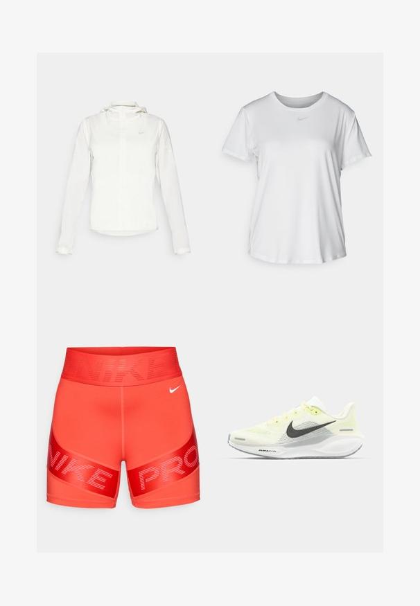 Biała kurtka Nike z kapturem, na zamek błyskawiczny, elastyczne mankiety i subtelne logo na piersi. Gładka tekstura i lekka konstrukcja.; Biała koszulka z krótkim rękawem, uszyta z gładkiego materiału, z okrągłym dekoltem i małym szarym logo Nike na piersi.; Jaskrawoczerwone spodenki kompresyjne Nike Pro z szerokim pasem w talii, na którym znajduje się napis "NIKE" oraz mały biały logo swoosh na prawej przedniej stronie.; Biegi Nike z lekką żółtą i białą siateczką cholewy, szarymi akcentami i elastyczną gumową podeszwą. Posiada klasyczne sznurowanie.