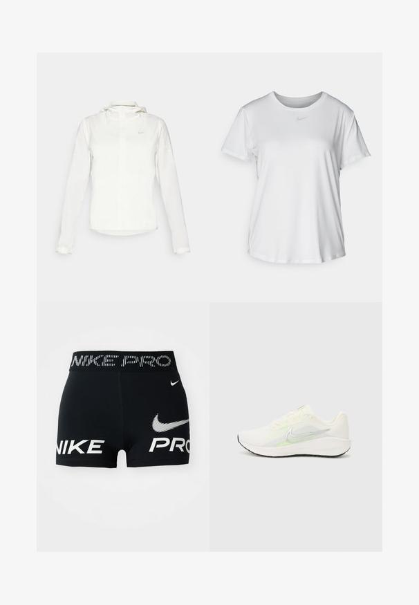 Giacca Nike bianca con cappuccio, zip completa, polsini elasticizzati e un logo discreto sul petto. Texture liscia e design leggero.; T-shirt bianco a maniche corte realizzato in tessuto liscio, con scollatura tonda e un piccolo logo grigio Nike sul petto.; Pantaloni corti sportivi neri Nike Pro con loghi e testo bianco Nike sulla cintura e sul davanti.; Nike Performance DOWNSHIFTER 13 - Scarpe da corsa su strada - sail/silver-coloured photon dust/summit white/barely volt/black