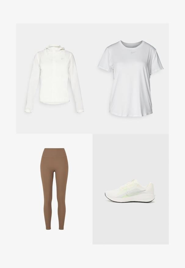 Veste blanche Nike avec capuche, fermeture éclair intégrale, poignets élastiques et un logo discret sur la poitrine. Texture lisse et design léger.; T-shirt blanc à manches courtes en tissu lisse, avec un col rond et un petit logo Nike gris sur la poitrine.; Leggings marron côtelés avec une taille haute. Le tissu semble extensible et lisse, avec des coutures minimales et sans motifs visibles.; Nike Performance DOWNSHIFTER 13 - Chaussures de running sur route - sail/silver-coloured photon dust/summit white/barely volt/black