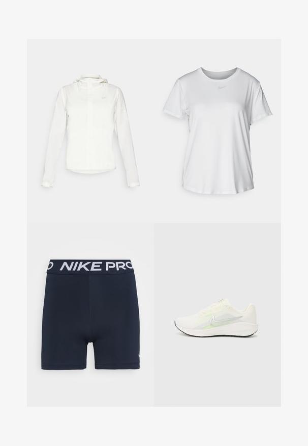 Vit Nike-jacka med huva, hel dragkedja, elastiska ärmslutar och en diskret logotyp på bröstet. Slät textur och lätt design.; Vit T-shirt med kort ärm tillverkad av slätt material, med rund halsringning och en liten grå Nike-logotyp på bröstet.; Marina Nike Pro-shorts med elastisk midja som har vit "NIKE PRO" logotyp. Slät, stretchig material med en tajt design.; Nike Performance DOWNSHIFTER 13 - Väglöparskor - sail/silver-coloured photon dust/summit white/barely volt/black