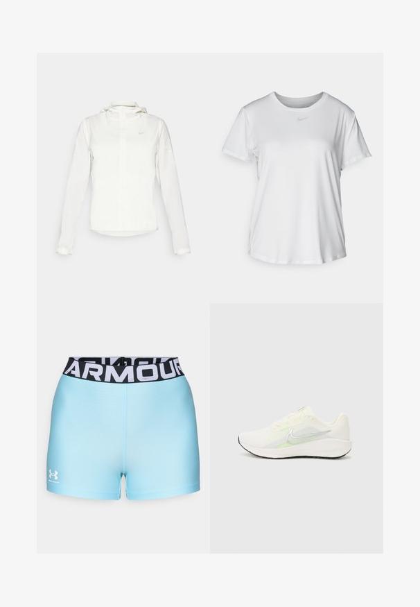 Veste blanche Nike avec capuche, fermeture éclair intégrale, poignets élastiques et un logo discret sur la poitrine. Texture lisse et design léger.; T-shirt blanc à manches courtes en tissu lisse, avec un col rond et un petit logo Nike gris sur la poitrine.; Shorts de sport bleu clair avec une taille noire présentant le texte "ARMOUR" en blanc. Le matériau semble lisse avec une coupe ajustée. Logo Under Armour affiché.; Nike Performance DOWNSHIFTER 13 - Chaussures de running sur route - sail/silver-coloured photon dust/summit white/barely volt/black