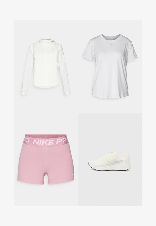 Jachetă albă Nike cu glugă, fermoar pe toată lungimea, manșete elastice și un logo subtil pe piept. Textură netedă și design ușor.; Tricou alb cu mânecă scurtă, confecționat dintr-un material neted, având guler rotund și un mic logo Nike gri pe piept.; Shorts atletici roz, din material elastic, având un talie lată și moale cu logo-ul "NIKE PRO" alb și un mic swoosh Nike pe picior.; Nike Performance DOWNSHIFTER 13 - Pantofi de alergare pe asfalt - sail/silver-coloured photon dust/summit white/barely volt/black