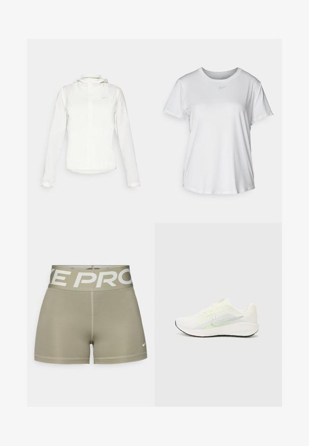 Valkoinen Nike-takki hupulla, täyspitkällä vetoketjulla, joustavilla hihansuilla ja hillityllä logolla rinnassa. Sujuva pinta ja kevyt muotoilu.; Valkoinen lyhythihainen T-paita, joka on valmistettu sileästä kankaasta. Paidoissa on pyöreä kaula-aukko ja rintaan on painettu pieni harmaa Nike-logo.; Vihreät urheilushortsit, jotka on valmistettu joustavasta kankaasta, joissa on leveä valkoinen "NIKE PRO" vyötärö, ja pieni Nike-logo vasemmassa alalaidassa.; Nike Performance DOWNSHIFTER 13 - Katujuoksukengät - sail/silver-coloured photon dust/summit white/barely volt/black