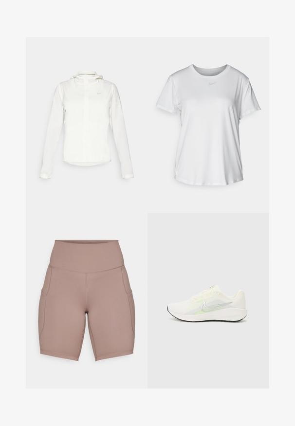 Fehér Nike dzseki kapucnival, teljes cipzárral, rugalmas mandzsettákkal és egy diszkrét logóval a mellkason. Sima textúrájú és könnyű kialakítású.; Fehér, rövid ujjú póló sima anyagból, kerek nyakkivágással és egy kis szürke Nike logóval a mellkason.; Magas derekú bézs kerékpáros rövidnadrág rugalmas anyagból, oldalzsebekkel és lapos varrásokkal a kényelem érdekében.; Nike Performance DOWNSHIFTER 13 - Utcai futócipők - sail/silver-coloured photon dust/summit white/barely volt/black