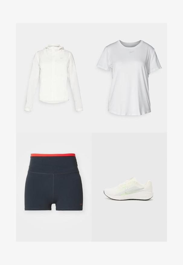 Balta Nike jaka ar kapuci, pilna rāvējslēdzēja, elastīgām piedurknēm un diskrētu logotipu uz krūšu daļas. Gluda tekstūra un viegla konstrukcija.; Balta īsām piedurknēm T-kreklā, kas izgatavota no gludas auduma, ar apaļo kakla izgriezumu un mazu pelēku Nike logo uz krūšu.; Navy blue sporta šorti ar augstu jostasviju, ar kontrastējošu sarkanu augšējo joslu un redzamām šuvēm.; Nike Performance DOWNSHIFTER 13 - Apavi skriešanai pa asfaltu - sail/silver-coloured photon dust/summit white/barely volt/black