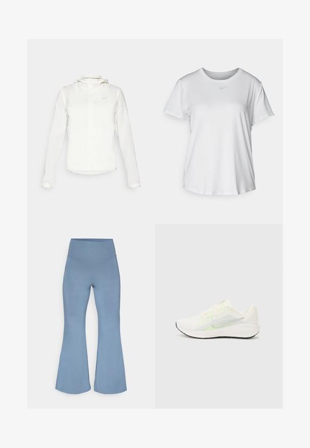 Jachetă albă Nike cu glugă, fermoar pe toată lungimea, manșete elastice și un logo subtil pe piept. Textură netedă și design ușor.; Tricou alb cu mânecă scurtă, confecționat dintr-un material neted, având guler rotund și un mic logo Nike gri pe piept.; Pantaloni de yoga evazați de culoare albastru deschis, confecționați dintr-un material elastic. Talie înaltă și textură netedă, care se îngustează spre tivurile mai largi la glezne.; Nike Performance DOWNSHIFTER 13 - Pantofi de alergare pe asfalt - sail/silver-coloured photon dust/summit white/barely volt/black