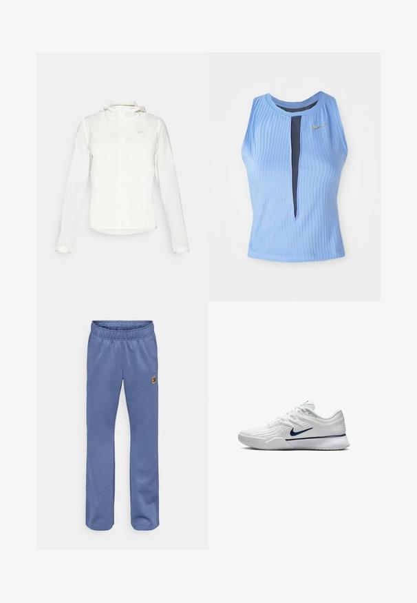 Witte Nike-jack met een capuchon, volledige rits, elastische manchetten en een subtiele logo op de borst. Gladde textuur en lichtgewicht ontwerp.; Lichtblauwe mouwloze top met geribbelde structuur, voorzien van een voorzijde slits en een donkere voering. Zilveren Nike swoosh-logo op de borst.; Blauwe sweatpants met een elastische tailleband, zijzakken en een klein, meerkleurig logo-inking bij de linkerzak. Zachte stoftextuur.; Witte sportschoen met een gestructureerde mesh bovenkant, marineblauwe accenten en een gevoerde zool met een gemusterde grip. Veters geïntegreerd in het ontwerp.