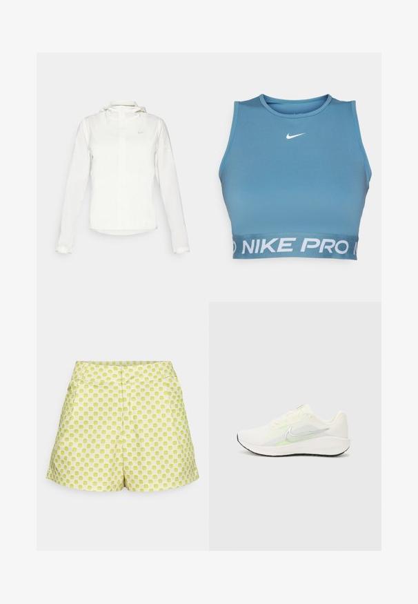 Valge Nike jakker, millel on kapuuts, täispikk tõmblukk, elastsed mansetid ja diskreetne logo rinnal. Sile tekstuur ja kerge disain.; Sinine sportlik lühike topp, mis on valmistatud siledast kangast, ümmarguse kaelusega, millel on valge Nike logo ja "NIKE PRO" tekst paelal.; Rohelise mustriga lühikesed püksid ruudulise disainiga, keskmise kõrgusega vöökoht, kaks esist taskut ja pehme puuvillane kangas.; Nike Performance DOWNSHIFTER 13 - Maanteejooksu jalatsid - sail/silver-coloured photon dust/summit white/barely volt/black