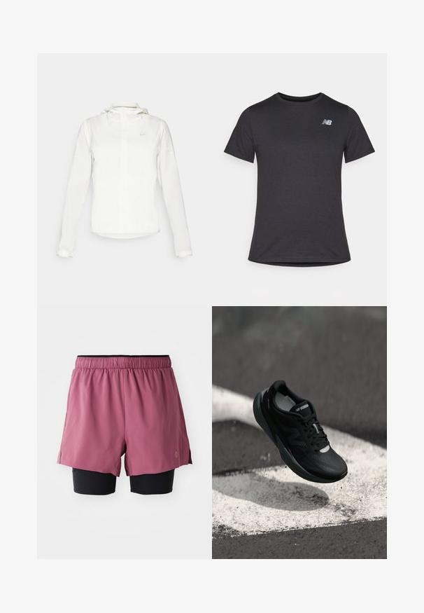 Casaco branco da Nike com capuz, fecho completo, punhos elásticos e um logótipo subtil no peito. Textura suave e design leve.; T-shirt preta de manga curta feita de tecido suave, com um pequeno logótipo cinza da New Balance no canto superior esquerdo do peito, design clássico de decote redondo.; Calções de treino cor-de-rosa sobre calções de elasticidade pretos, com um cós elástico, rachas laterais e um pequeno logótipo na bainha inferior.; Sapatilha de corrida preta com um cabedal texturizado, design elegante e detalhes reflexivos. Apresenta uma sola macia e acolchoada para maior conforto.