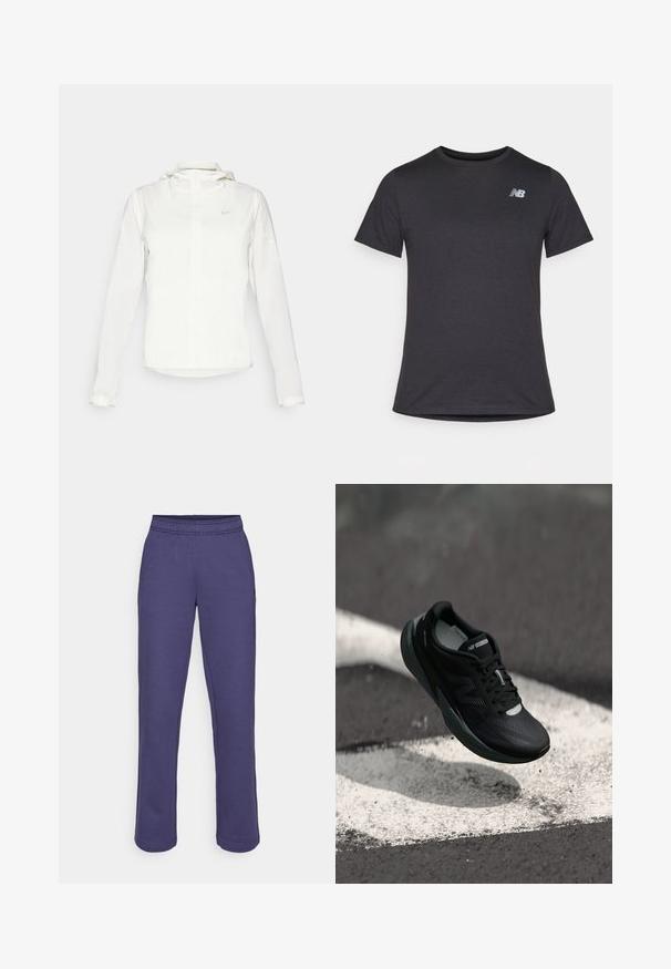 Chaqueta blanca de Nike con capucha, cremallera completa, puños elásticos y un logo sutil en el pecho. Textura suave y diseño ligero.; Camiseta negra de manga corta hecha de una tela suave, con un pequeño logotipo gris de New Balance en la parte superior izquierda del pecho, diseño clásico de cuello redondo.; Pantalones de chándal morados con una cinturilla elástica, piernas rectas y un tejido suave de mezcla de algodón. Sin patrones visibles ni detalles de hardware.; Zapatilla de correr negra con un upper texturizado, diseño elegante y acentos reflectantes. Presenta una suela suave y acolchada para mayor comodidad.