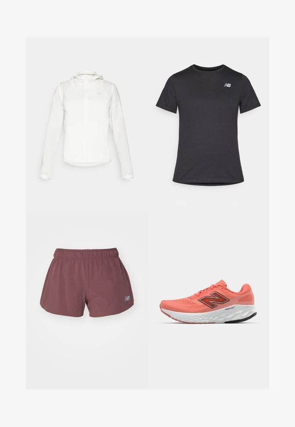 Valge Nike jakker, millel on kapuuts, täispikk tõmblukk, elastsed mansetid ja diskreetne logo rinnal. Sile tekstuur ja kerge disain.; Must beebi särk, millel on lühikesed varrukad ja pehme kangas, ülaosas vasakul rinnal on väike hall New Balance'i logo, klassikaline ümar kaelus.; New Balance SHORT - Spordišortsid - licorice; Korallivärvi jooksuking, millel on võrkpealne osa, julge must logo, pehmendatud keeleosa ja tekstureeritud valge vahekiht. Omab paindlikku kummist tallat.