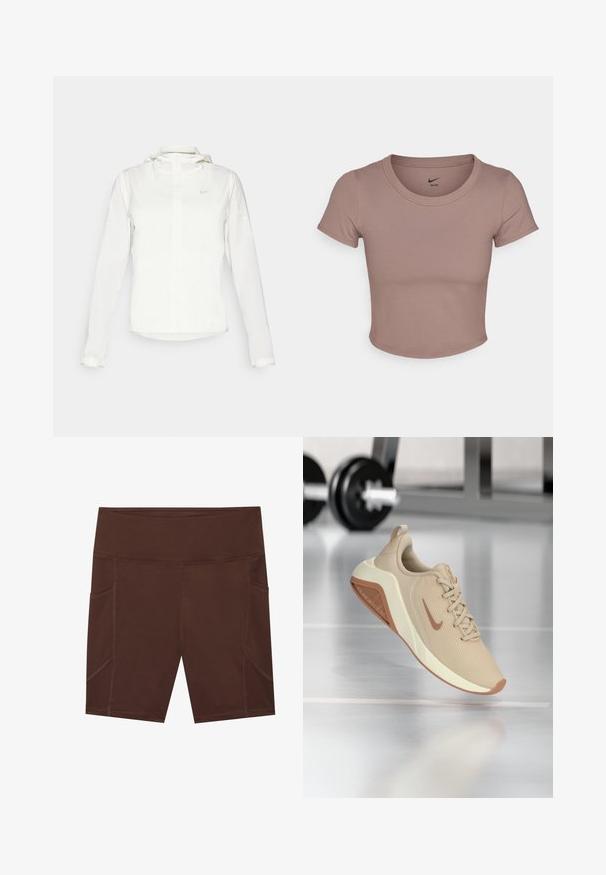 Witte Nike-jack met een capuchon, volledige rits, elastische manchetten en een subtiele logo op de borst. Gladde textuur en lichtgewicht ontwerp.; Bruine cropped t-shirt gemaakt van soepele stof, met een ronde halslijn en korte mouwen. Nike-logo gedrukt aan de binnenkant van de kraag.; Bruine sportshorts van gladde stof, met een hoge taille, zijzakken en contrasterende stiksels.; Beige sportieve schoen met een gestructureerde mesh bovenkant, een lichtgekleurde tussenzool en een contrasterende bruine buitenzool, met een subtiele logo aan de zijkant.