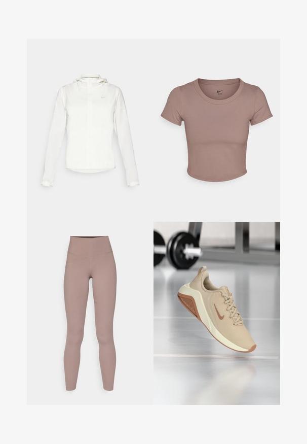 Hvid Nike-jakke med hætte, fuld lynlås, elastiske manchetter og et diskret logo på brystet. Glat tekstur og let design.; Brun cropped t-shirt lavet af glat stof, med rund halsudskæring og korte ærmer. Nike-logo trykt inde i kraven.; Højtaljede aktive leggings i en afdæmpet mauve farve, lavet af glat, strækbart materiale med et sømløst design og ingen synlig hardware.; Beige sportsko med en tekstureret mesh-overdel, en lys midtsål og en kontrasterende brun ydersål, der har et diskret logo på siden.