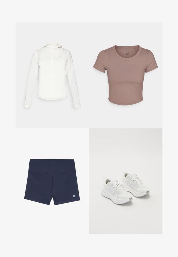 Biała kurtka Nike z kapturem, na zamek błyskawiczny, elastyczne mankiety i subtelne logo na piersi. Gładka tekstura i lekka konstrukcja.; Brązowy skrócony t-shirt wykonany z gładkiego materiału, z okrągłym dekoltem i krótkimi rękawami. Logo Nike nadrukowane wewnątrz kołnierza.; Granatowe szorty kąpielowe wykonane z gładkiego materiału, z bezszwowym designem, elastycznym pasem i małym logo w dolnym prawym rogu.; Białe buty sportowe z teksturowaną siateczką u góry, amortyzowana podeszwa i subtelne szare akcenty. Zawierają logo i pętlę z tyłu dla łatwego zakładania.
