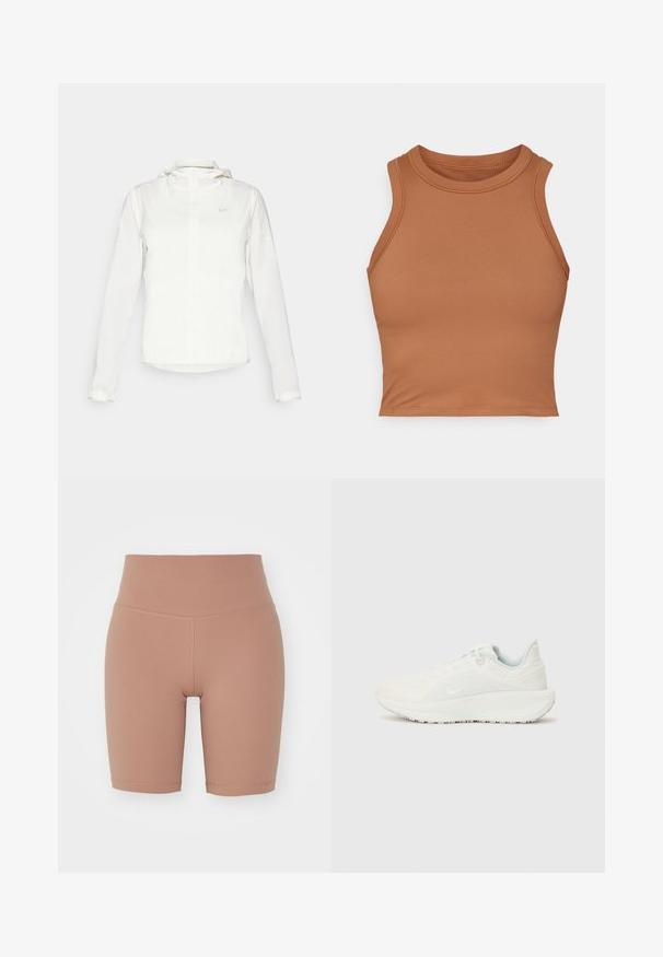 Giacca Nike bianca con cappuccio, zip completa, polsini elasticizzati e un logo discreto sul petto. Texture liscia e design leggero.; Top corto senza maniche marrone, realizzato in tessuto liscio. Presenta un collo alto e bordi strettamente rifiniti per un design aderente.; Shorts da ciclismo a vita alta di colore beige, realizzati in materiale elastico, con una texture liscia e cuciture pulite per comfort e vestibilità.; Scarpe da ginnastica bianche con tomaia texture, collo imbottito e chiusura con lacci. Presentano una suola curva e un logo discreto sul lato.