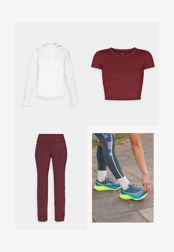 Bijela Nike jakna s kapuljačom, punim zatvaračem, elastičnim manžetama i suptilnim logotipom na prsima. Glatka textura i lagan dizajn.; Bordo kratki crop top s kratkim rukavima napravljen od glatkog materijala s okruglim izrezom. Minimalistički dizajn, bez vidljivih logotipa ili uzoraka.; Bordo tajice sa širokim, presavijenim pojasom, suženim nogavicama i glatkim, rastezljivim tkaninom pogodnom za aktivne aktivnosti.; Saucony ENDORPHIN PRO 4 - Tenisice za cestovno trčanje - mirage/citron