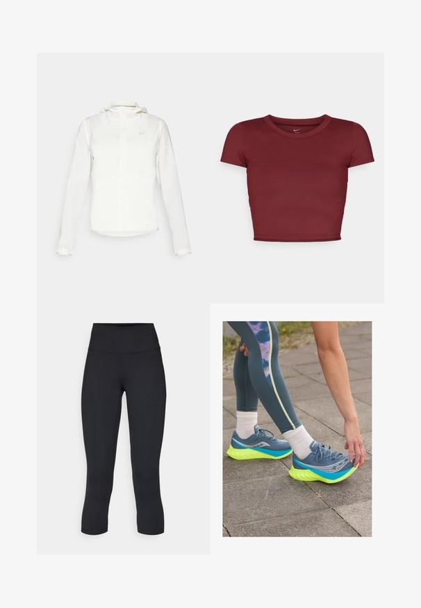 Bijela Nike jakna s kapuljačom, punim zatvaračem, elastičnim manžetama i suptilnim logotipom na prsima. Glatka textura i lagan dizajn.; Bordo kratki crop top s kratkim rukavima napravljen od glatkog materijala s okruglim izrezom. Minimalistički dizajn, bez vidljivih logotipa ili uzoraka.; Crne skraćene tajice od rastezljivog materijala, s visokim strukom i glatkom teksturom, bez vidljivih uzoraka ili dodataka.; Saucony ENDORPHIN PRO 4 - Tenisice za cestovno trčanje - mirage/citron