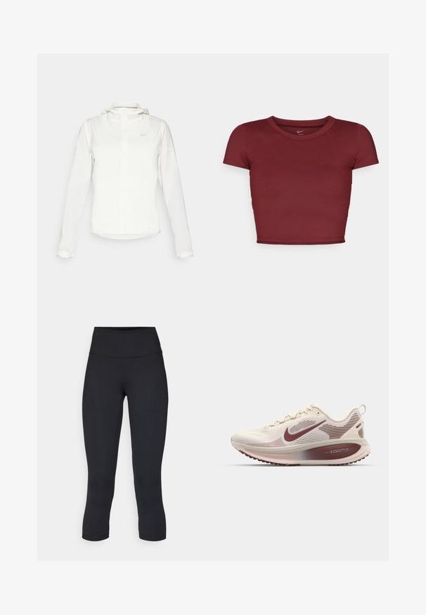 Weiße Nike-Jacke mit Kapuze, durchgehendem Reißverschluss, elastischen Bündchen und einem dezenten Logo auf der Brust. Glatte Textur und leichtes Design.; Bordeauxfarbener, kurzärmeliger Crop-Top aus glattem Stoff mit rundem Ausschnitt. Minimalistisches Design, keine sichtbaren Logos oder Muster.; Schwarze, cropped Leggings aus dehnbarem Material, mit einem hohen Bund und glatter Textur, ohne sichtbare Muster oder Hardware.; Nike Performance VOMERO 18 - Laufschuh Straße - pale ivory/dark team red/red sepia/silt red/phantom