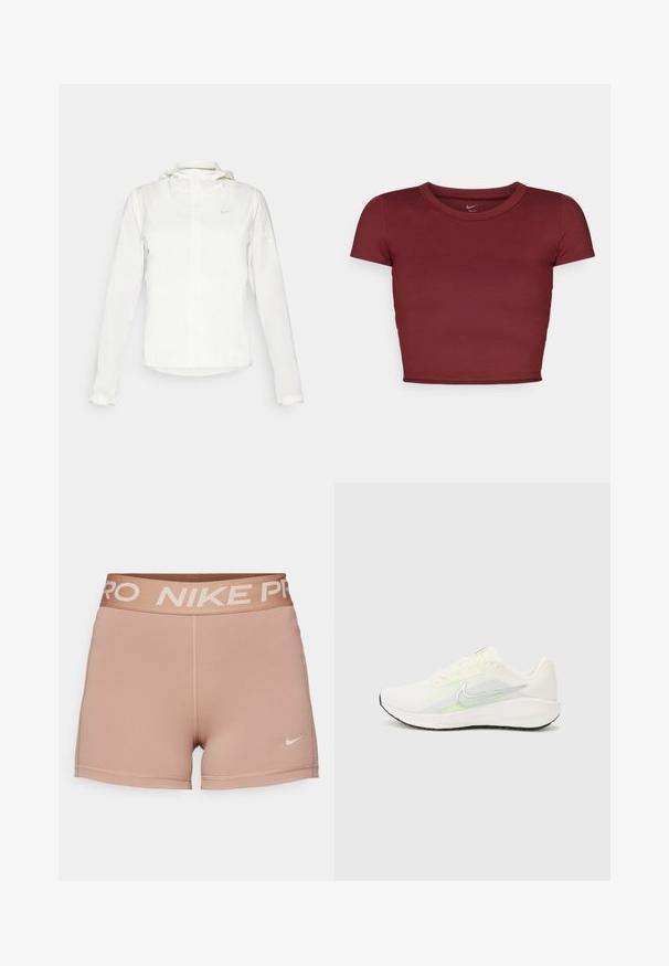 Witte Nike-jack met een capuchon, volledige rits, elastische manchetten en een subtiele logo op de borst. Gladde textuur en lichtgewicht ontwerp.; Bordeaux, kortstraat crop top van gladde stof met een ronde halslijn. Minimalistisch ontwerp, geen zichtbare logo's of patronen.; Nike Pro shorts, lichtbruin, elastische tailleband met "NIKE PRO" in beige, gladde stof, aansluitend ontwerp, minimale stikseldetails.; Nike Performance DOWNSHIFTER 13 - Hardloopschoenen voor op de weg - sail/silver-coloured photon dust/summit white/barely volt/black