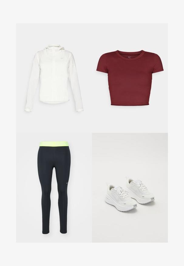 Giacca Nike bianca con cappuccio, zip completa, polsini elasticizzati e un logo discreto sul petto. Texture liscia e design leggero.; Top corto a maniche corte color bordeaux realizzato in tessuto morbido con scollatura rotonda. Design minimalista, senza loghi o motivi visibili.; Nike Performance 365 - Leggings - black/yellow; Scarpe da ginnastica bianche con tomaia in rete testurizzata, suola ammortizzata e sottili dettagli grigi. Comprendono il branding e una linguetta sul tallone per una facile calzata.