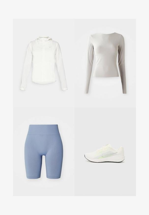 White Nike jacket with a hood, full zip, elastic cuffs, and a subtle logo on the chest. Smooth texture and lightweight design.; Light grey long-sleeve top made of sleek, smooth fabric with a round neckline and a fitted silhouette. Hem is slightly flared at the bottom.; Light blue bike shorts with a high elastic waistband. Smooth texture, form-fitting design, and a mid-thigh length. No patterns or accents.; Nike Performance DOWNSHIFTER 13 - Road running shoes - sail/silver-coloured photon dust/summit white/barely volt/black